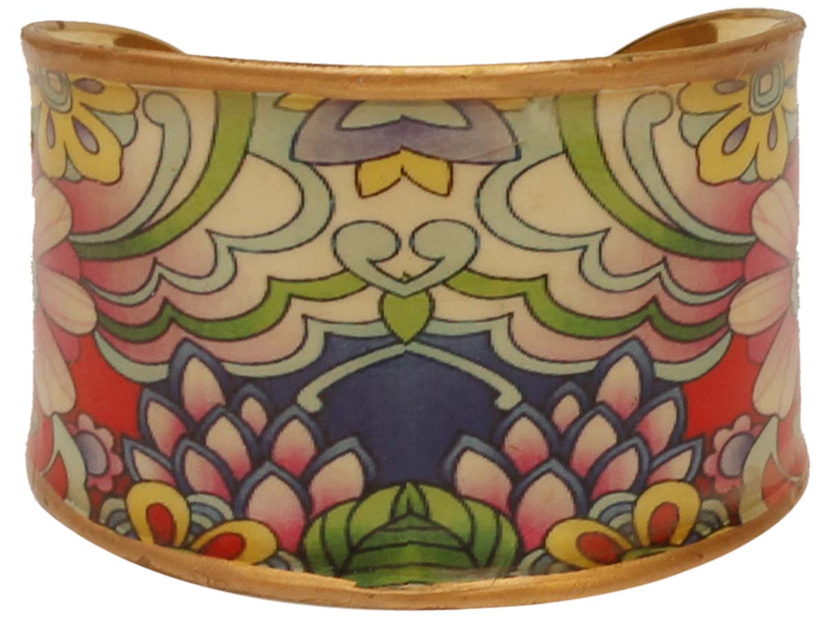 2.6” Golden Brass Cuff Bracelet with Colorful Floral Pattern - Trendy Accessories / Jewelry / Gifts for Her - Buy in Bulk Wholesale